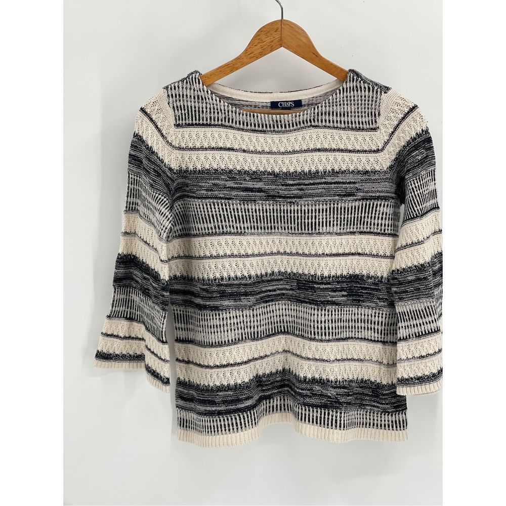 CHAPS Women Sweater Size Small Black Off White Knit Bell 3/4 Sleeve knit Stripe